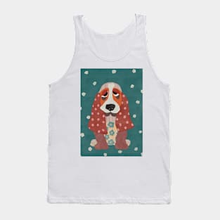 Hamish the Appliqué Patchwork Basset Hound Puppy with daisies and polka dots Tank Top